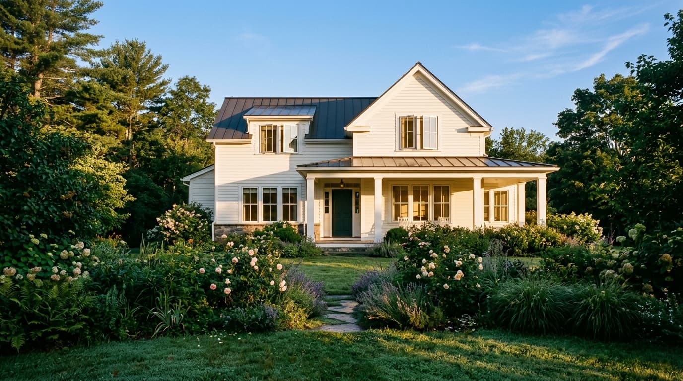 A white family home surrounded by a garden in warm morning light