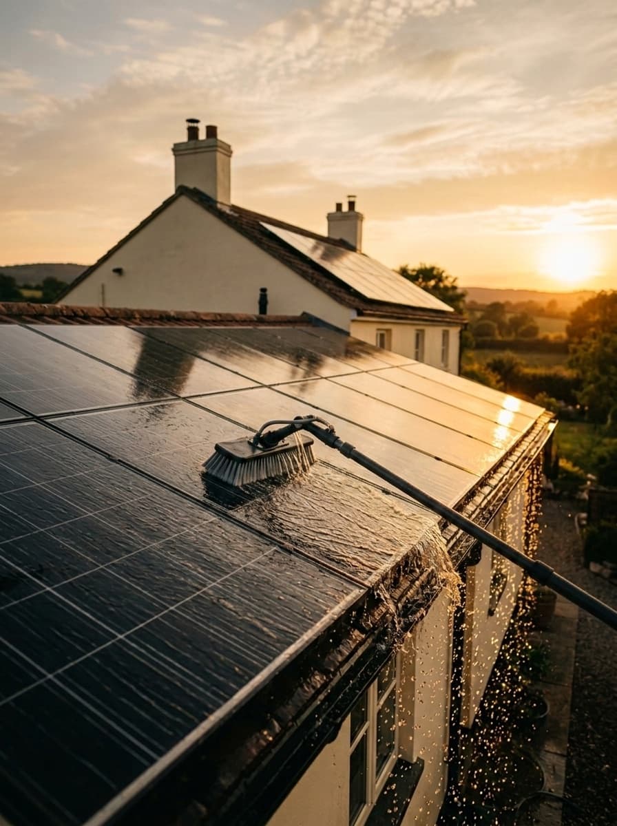 Solar panels being professionally cleaned on a residential roof